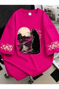 Kadın Black Cat Renkli Özel Baskılı Oversize Sıfır Yaka Penye T-Shirt